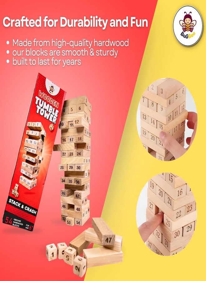 BuGBee Wooden Tumble Tower Game for Kids & Adults | 54 Stacking Blocks with 4 Dice | Classic Tumbling Tower for Parties & Learning Activities | Indoor Skill-Building Game Age 6+ - Image 4